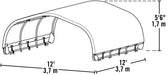 Black and white drawing of ShelterLogic Corral Shelter dimensions 12 ft. x 12 ft. x 5 ft. 6 in. The text includes measurements in meters as well.
