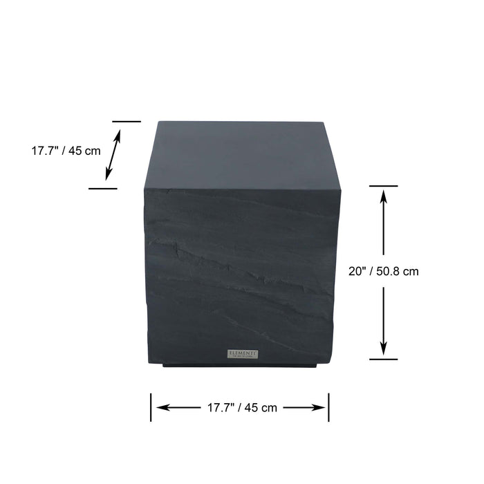 Dimensions of the Elementi Colorado Series slate black side table, detailing its height, width, and depth.