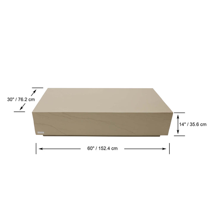 Dimensions of the Elementi Colorado Series sunlight yellow rectangle coffee table, indicating its length, width, and height, detailed for clarity.