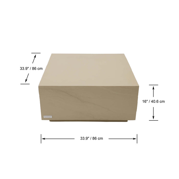 Detailed dimensions of the sunlight yellow square medium Colorado coffee table from Elementi, displaying height, width, and depth.