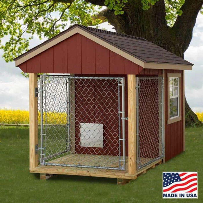 EZ-Fit dog shelter with a 5x8 run nestled in the countryside, with a beautiful tree and field in the background.