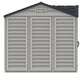 A beige plastic Apex Pro 10x8 outdoor storage shed by Duramaxfeaturing three shuttered doors, a gable roof with a vent, and a dark gray roof trim.