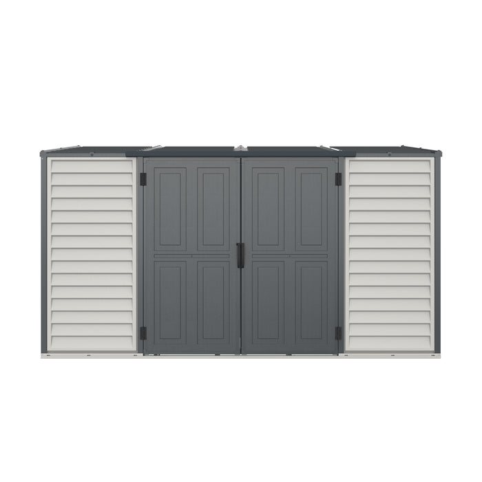 Duramax Sidemate 10'x 4' vinyl resin storage shed in grey and beige, with double doors.