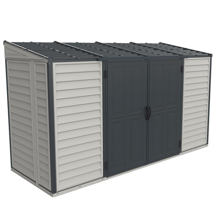 Duramax Sidemate Plus 10x4 Vinyl Resin Storage Shed - Grey and Beige, ideal for narrow spaces with a spacious double door entry.