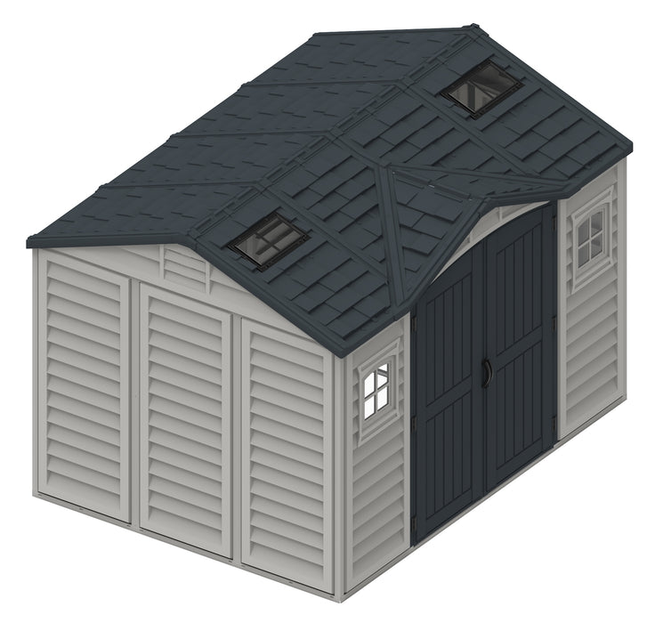 A 3D rendering of a Duramax Apex Pro shed in gray with double doors slightly ajar. The shed features a black roof with multiple skylights and a window on the side.