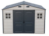 Duramax WoodSide Plus 10.5'x8' garden storage shed with foundation kit and window, showcasing double doors and a dark grey roof.