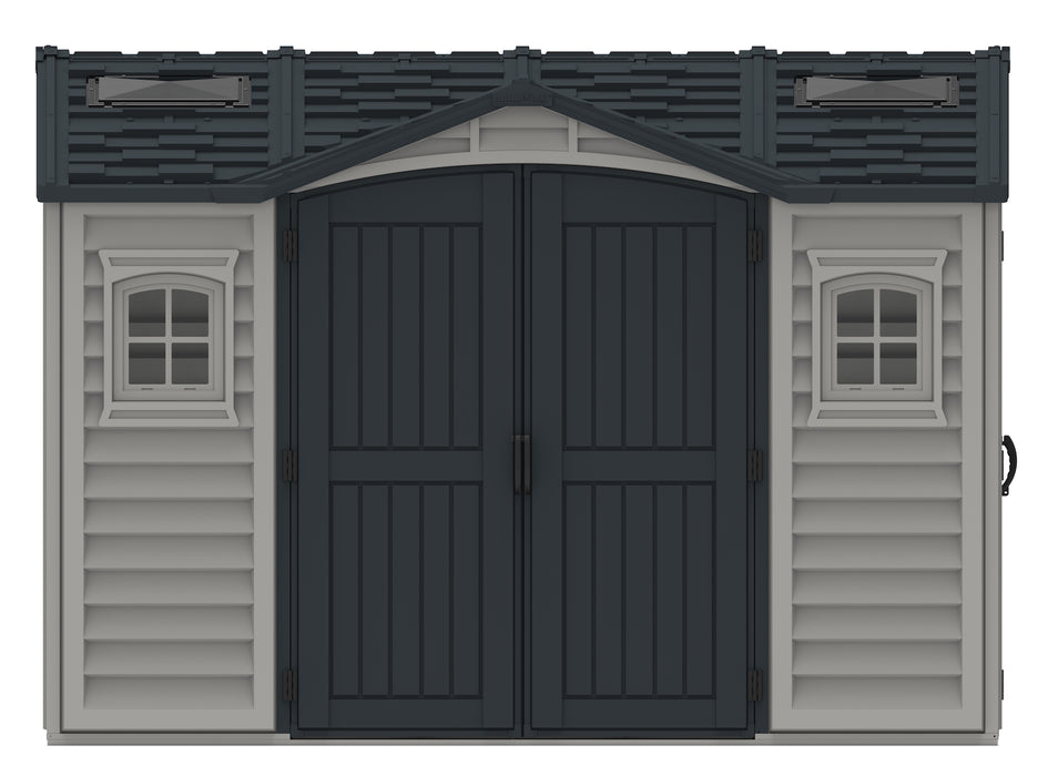 Duramax Apex Pro outdoor storage solution 10.5 x 8 feat with double doors and windows.