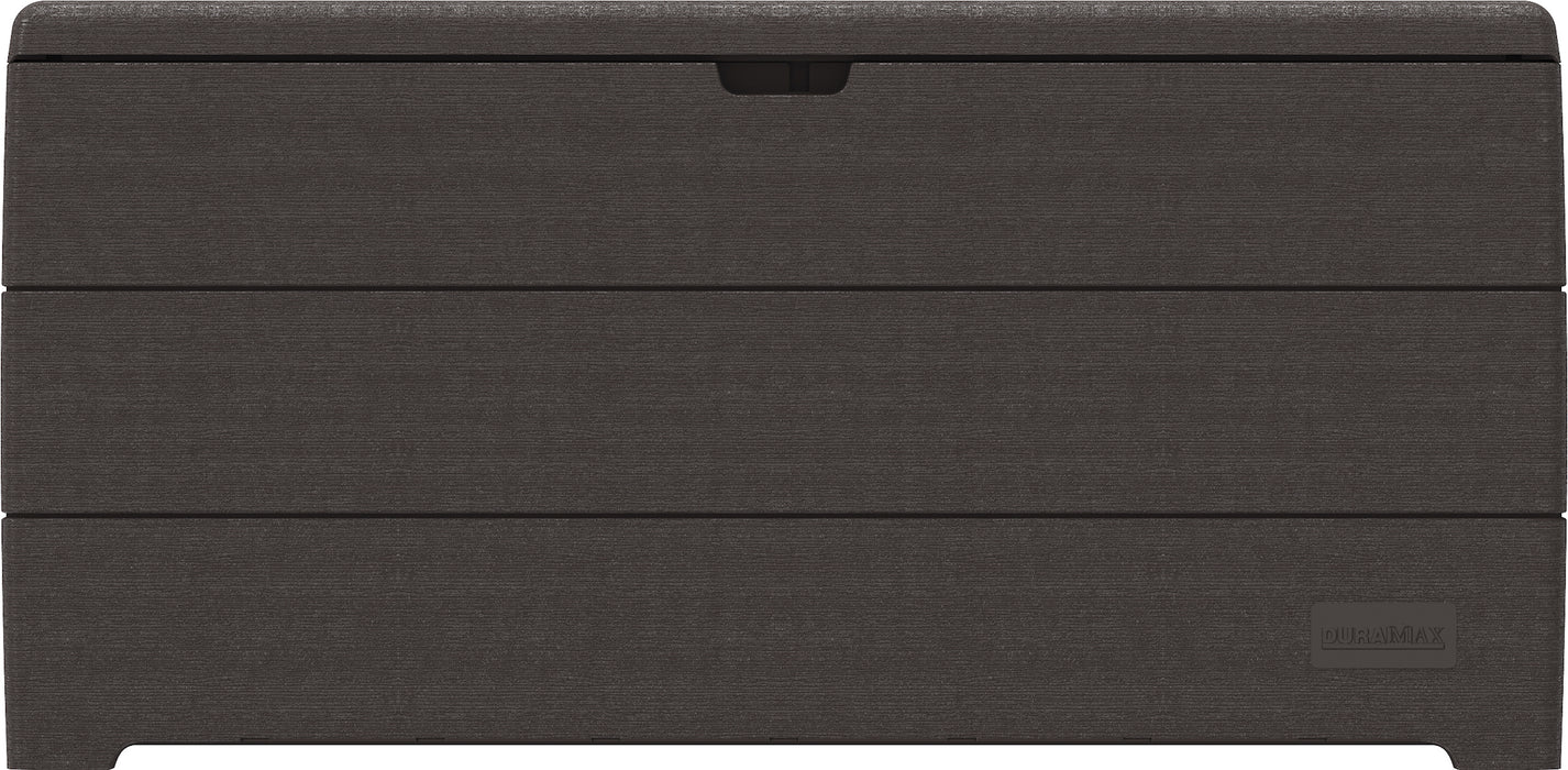 Rear view of the Duramax 416 Liter/110 Gallon Storage Box, showcasing its durable, brown textured surface and minimalistic design against a white background.