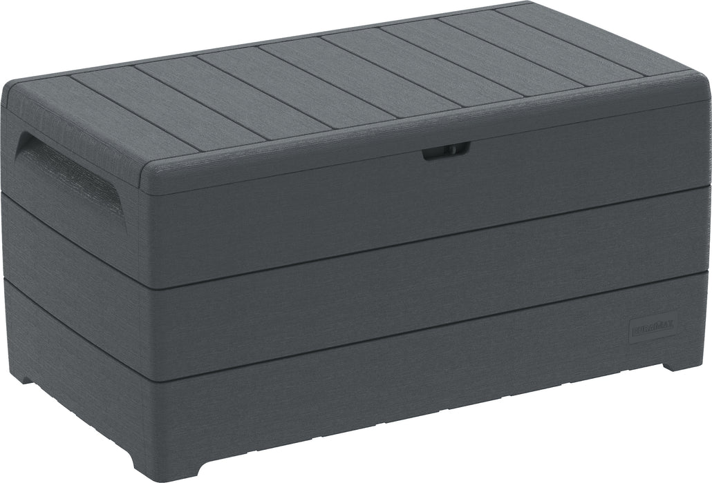 Duramax 110 Gallon Deckbox Storage in grey, presented from a different isometric angle with its lid securely closed, highlighting its robust and stylish outdoor design.