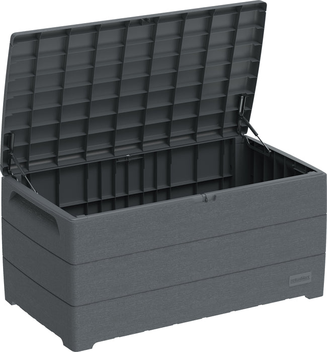 Duramax 416 Liter/110 Gallon Outdoor Storage Box in grey, displayed open from an isometric angle, showing its spacious interior, ribbed lid, and sturdy construction.