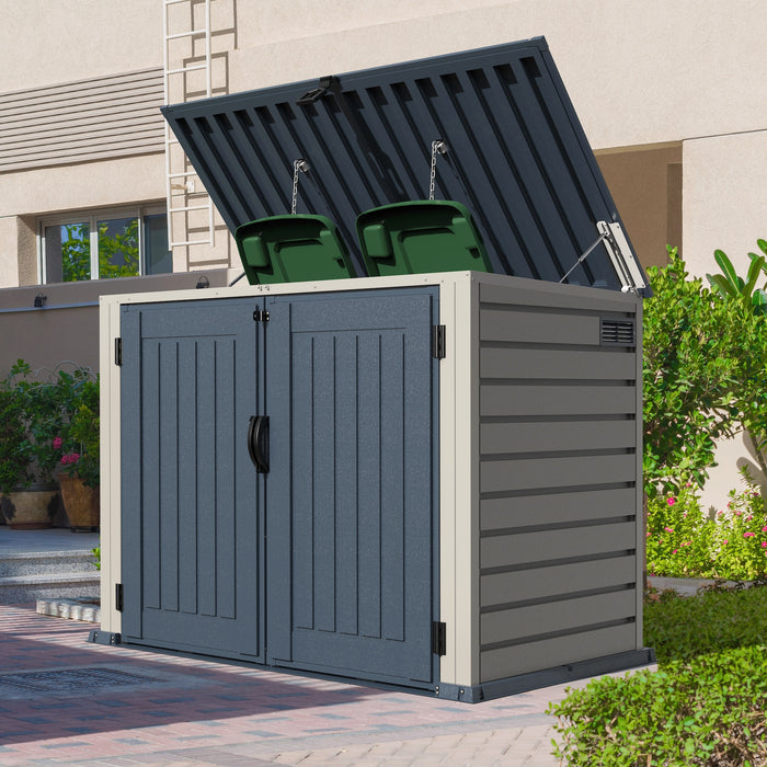 Duramax 2100L MultiStore Outdoor Storage Box with lid open, revealing two large wheelie bins inside.