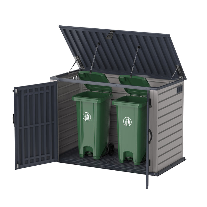 Duramax 2100L MultiStore for trash and recycling bins, featuring a dual-door design and convenient lift-up lid. Perfect for hiding waste bins and maintaining a tidy backyard.