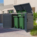 Duramax 2100L MultiStore Outdoor Storage Box with double doors open, revealing ample space for two large garbage bins.