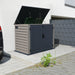 Duramax 2100L MultiStore Outdoor Storage Box with the lid open, revealing ample space for two wheelie bins. 