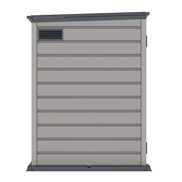 Side view of the Duramax 2100L MultiStore Outdoor Storage Box, showcasing its sleek design, neutral color, and ventilation for optimal air circulation.