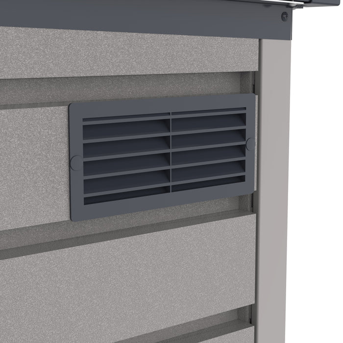 Close-up of the Duramax 2100L MultiStore Outdoor Storage Box's ventilation system, featuring multiple vents for optimal airflow and odor control when storing waste bins or other items.