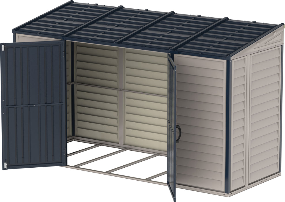 A Lean-to Shed from Duramax 10x4ft  size -Beige and gray, with double doors open, revealing spacious interior and sturdy metal frame for storage organization.