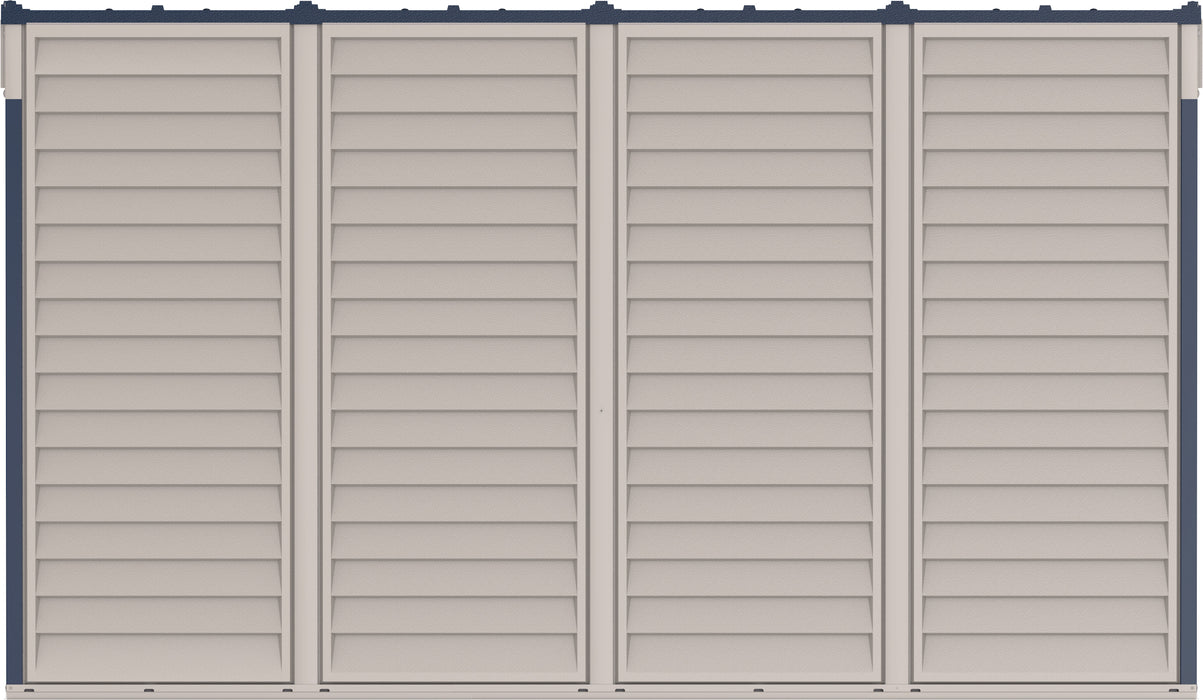 Duramax Sidemate Plus 10x4 vinyl resin storage shed with beige louvered double doors and dark trim.