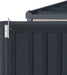 Close-up of Sidemate Plus 10x4 vinyl storage shed door with latch and hinges.