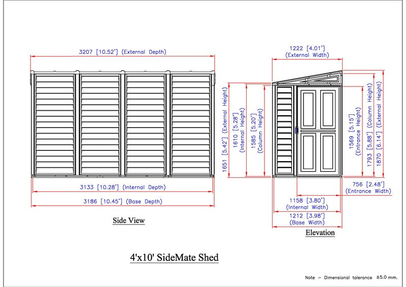 Technical diagram with dimensions for Duramax Sidemate Plus 4'x10' vinyl resin shed, detailing the interior and exterior measurements.