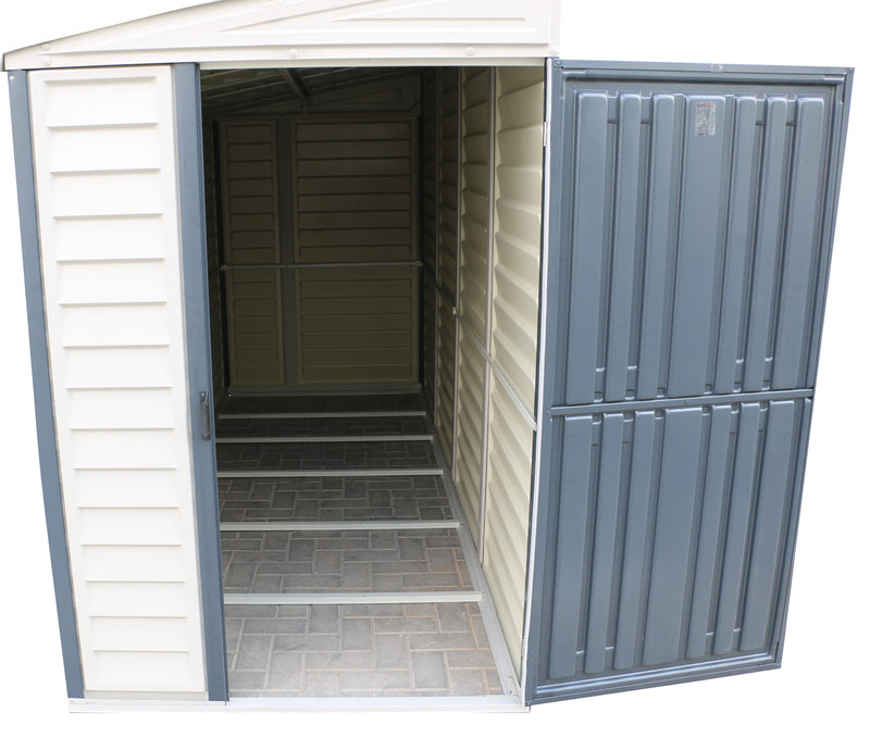 Interior view of Duramax Sidemate Plus 4'x10' vinyl resin shed with open front door, showcasing the spacious storage capacity and floor detailing.