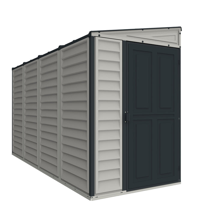  Left view of Duramax Sidemate Plus 4'x10' vinyl resin shed featuring its durable wall panels and roof design.