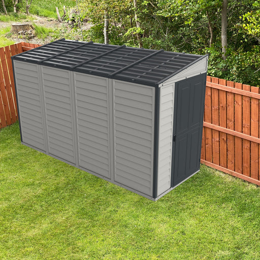Duramax Sidemate Plus 4'x10' vinyl resin shed in a garden setting, showing compatibility with outdoor spaces.