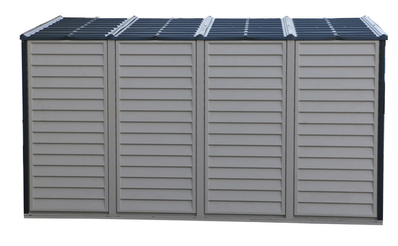 Side view of Duramax Sidemate Plus 4'x10' vinyl resin shed displaying its sleek design and robust structure.