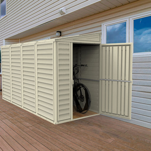 Duramax 4x10 ft Sidemate Vinyl Resin Outdoor Storage Shed with Foundation Kit placed outside with Bike inside 