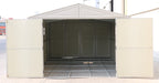 Duramax Outdoor Vinyl Garage 10 ft with Foundation Kit with opened double doors placed outdoors empty inside