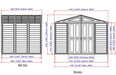 Dimensioned line drawing of Duramax WoodSide Plus shed indicating size specifications.