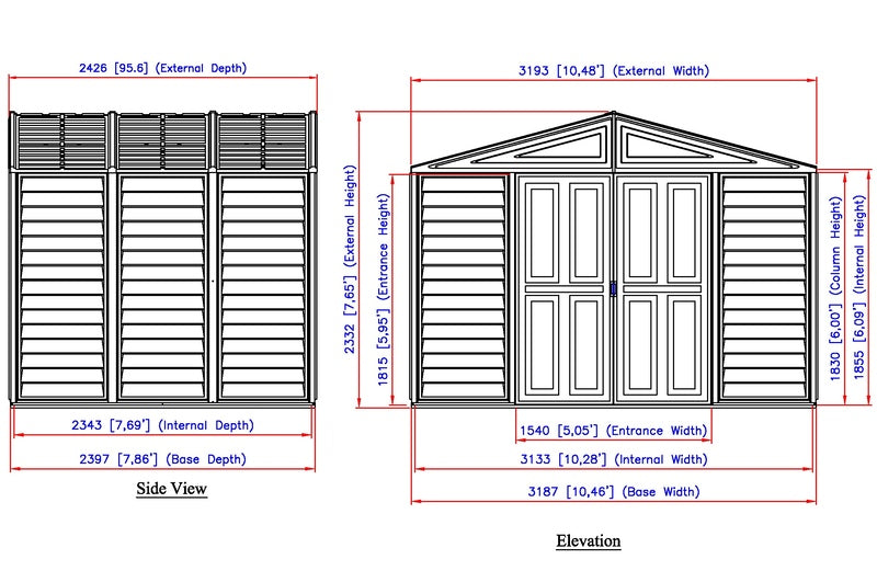 Dimensioned line drawing of Duramax WoodSide Plus shed indicating size specifications.