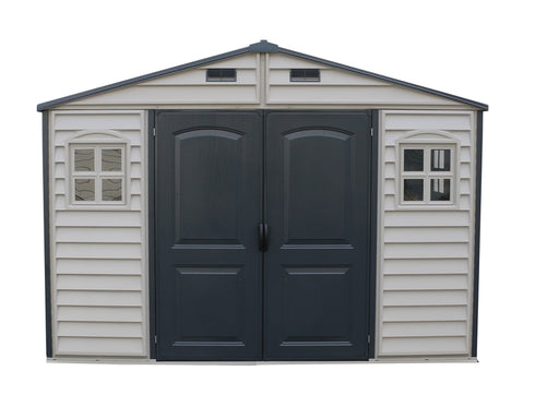 Front view of the closed Duramax WoodSide Plus shed, displaying door details and window shutters.