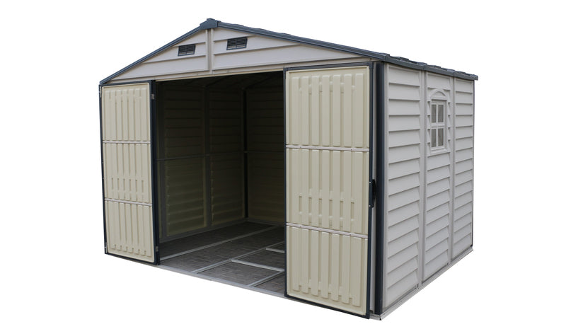 Interior view of the Duramax WoodSide Plus shed with the right door open, displaying the entrance and inside structure.