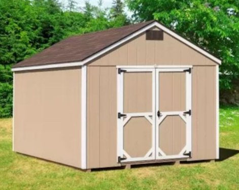 EZ-Fit Sheds Craftsman Storage Shed with Double Doors, Brown Roof, and Beige Panels in a Green Yard