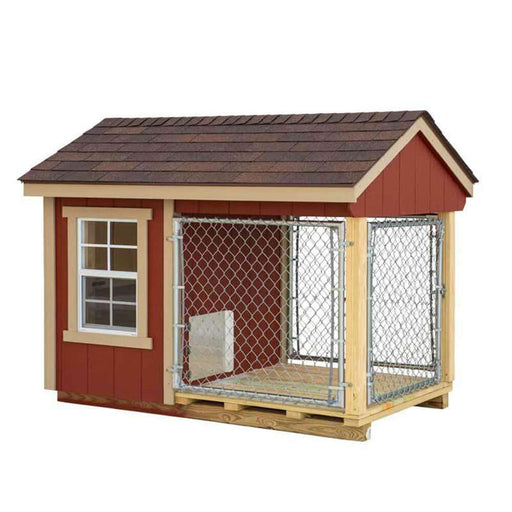 Red EZ-Fit 4x7 dog kennel with a secure run, standing prominently in a white background.