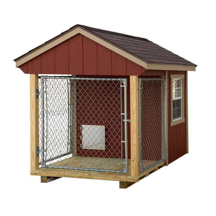 Spacious 5x8 red dog kennel by EZ-Fit with a secure outdoor run and windowed side.