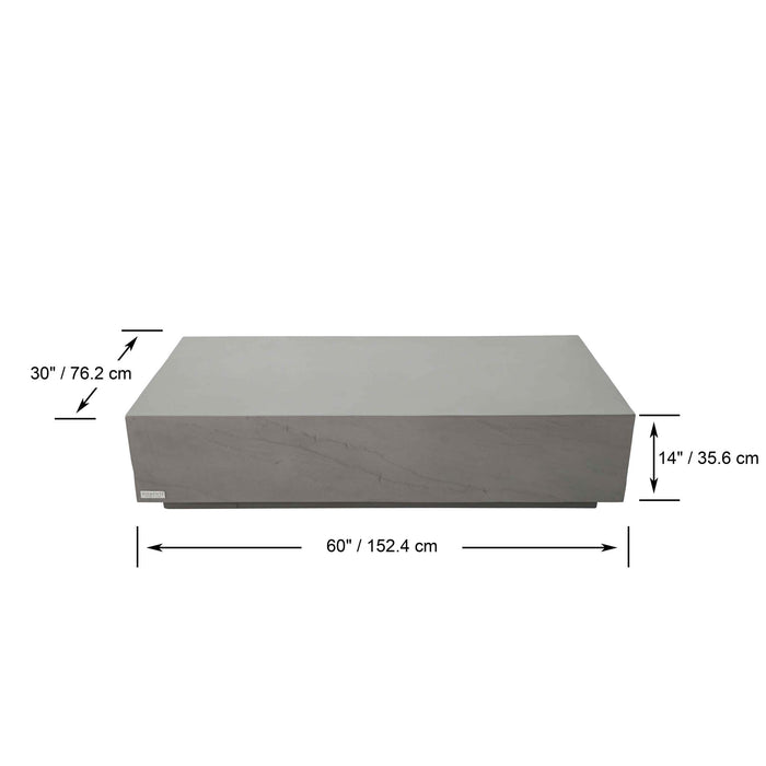 Elementi Colorado Series Rectangle Coffee Table in Space Grey, displaying dimensions of 60 inches length, 30 inches width, and 14 inches height.