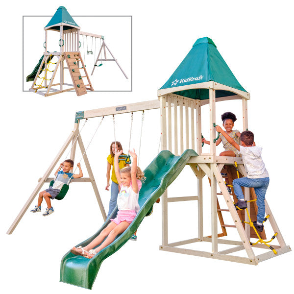 Emerald swing set with kids playing