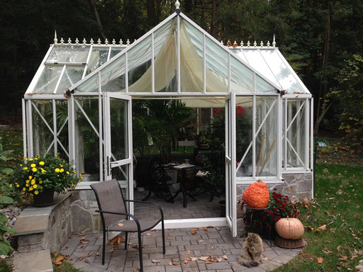 A Victorian-style Antique greenhouse with clear glass panes and white frames set on a stone foundation. It's situated in a lush backyard with a stone paved area in front. There's outdoor furniture inside, with flowering plants around and a cat sitting nearby.