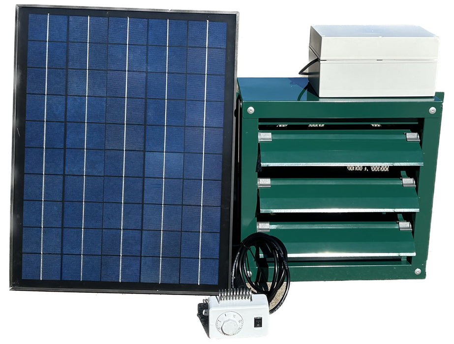 Exaco's own solar powered exhaust in green. Helps in keeping a greenhouse well ventilated.