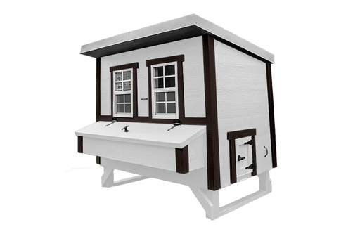 Front view of the white Farmhouse Model Large OverEZ Chicken Coop with contrasting black hardware and design elements suitable for up to 15 chickens.