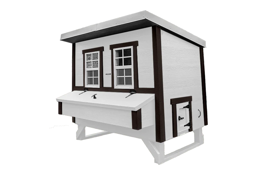 Front view of the white Farmhouse Model Large OverEZ Chicken Coop with contrasting black hardware and design elements suitable for up to 15 chickens.