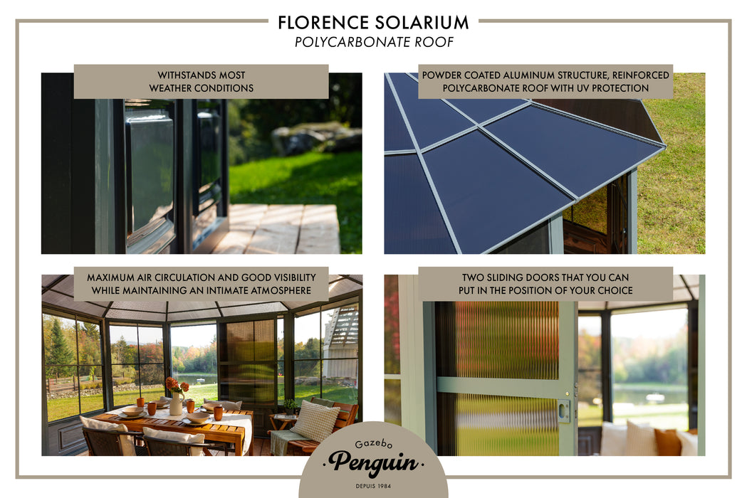 Promotional image showcasing the practical benefits of the Florence Solarium gazebo with polycarbonate roof. The image states the solarium withstands most weather conditions, offers maximum air circulation and good visibility while maintaining an intimate atmosphere, has a powder-coated aluminum structure with UV protection, and features two sliding doors that can be placed in any chosen position. The setting is outdoors with a view of the landscape through the solarium windows.