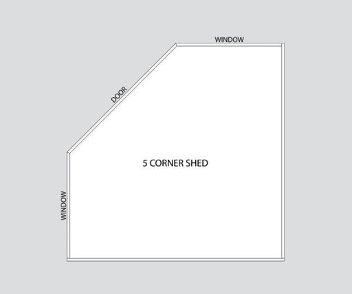 A clear blueprint of the Five-Corner Colonial Shed by Little Cottage Company, indicating the placement of windows and door for assembly.