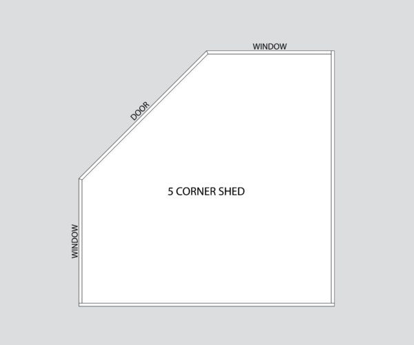 A simplified blueprint of the Little Cottage Company's Five Corner Shed, detailing the layout with door and window placements.