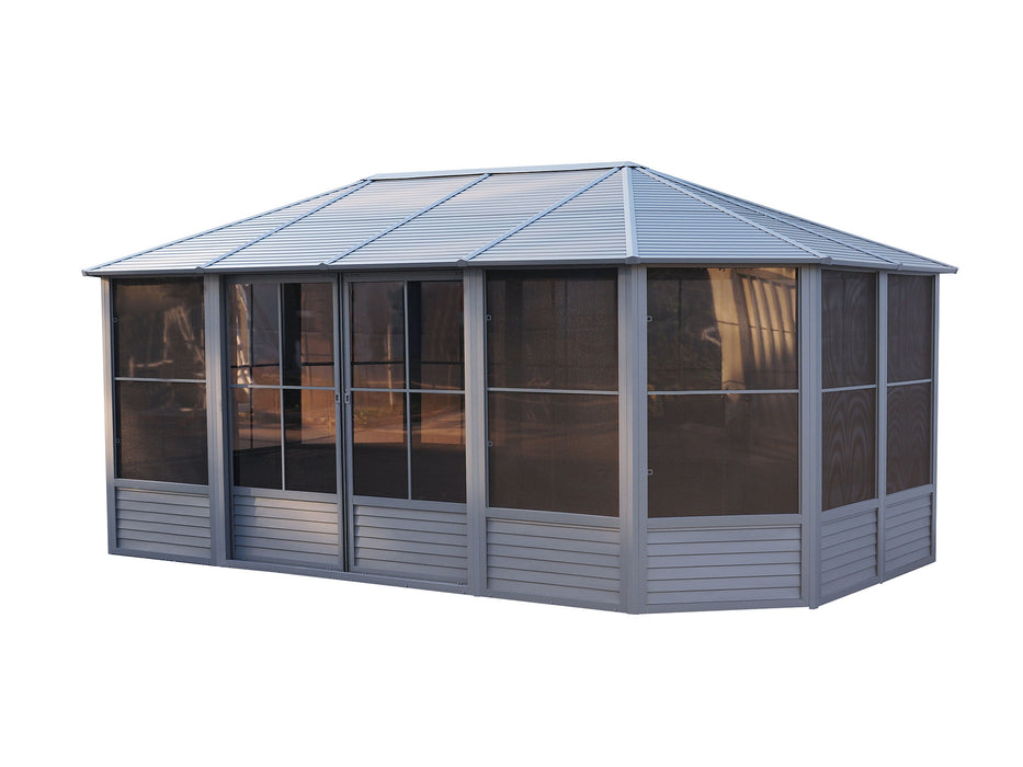 Angled perspective of the Florence Solarium gazebo, emphasizing the slate metal roof and the spacious interior.
