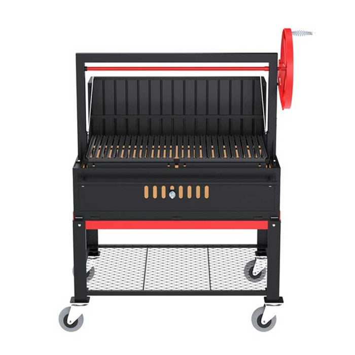 Front view of the Sunterra Outdoor Argentine Rear Brasero Grills 48in with cart, highlighting the structure, red wheel, and grilling area.