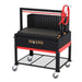 Front view of the Sunterra Outdoor Argentine Rear Brasero Grills 48in with cart, showcasing the grilling surface, red wheel, and storage area.