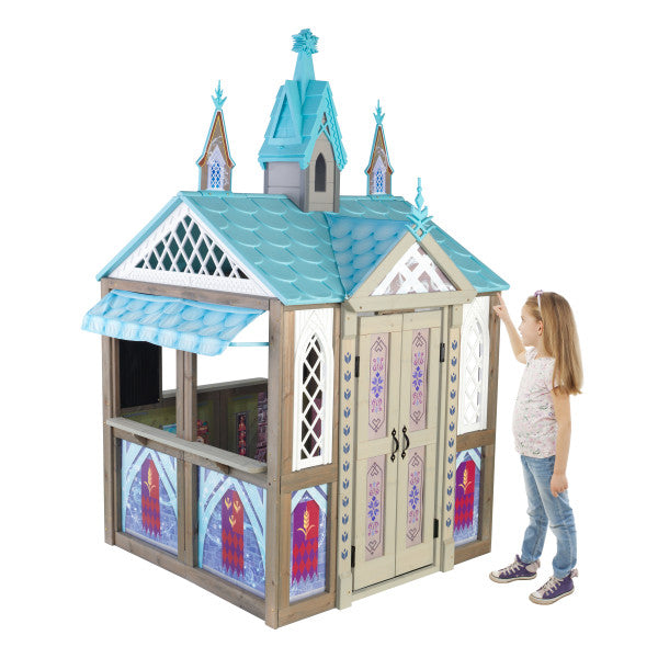 Wooden Frozen Arendelle Playhouse on white background with kid